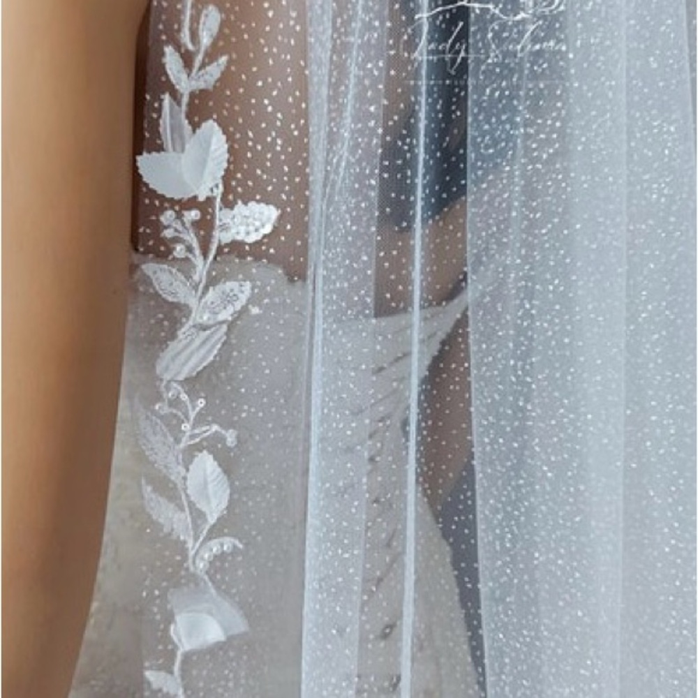 Elegant Glitter Light Ivory Lace Veil with Floral Embroidery